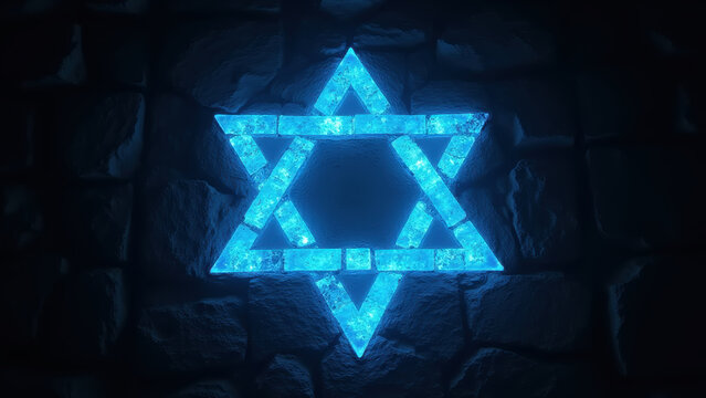 Star of David glowing blue light Jerusalem stone wall, Jewish religious symbol, spiritual heritage, dramatic evening lighting, ancient architecture texture