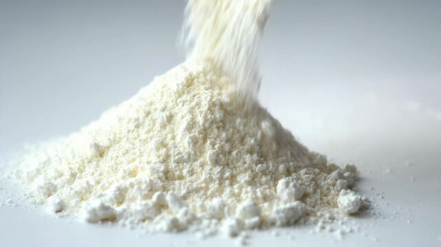 Hand pouring a white powder from a clear plastic bag onto a pile on a white background