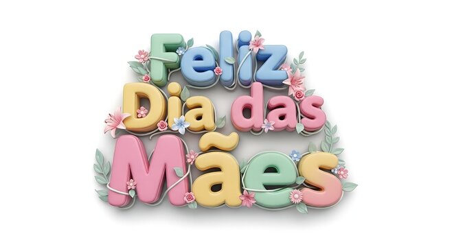 Feliz Dia das Maes, Happy Mother's Day, colorful 3D text with flowers