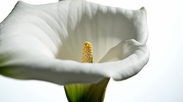Elegant White Calla Lily Flower Macro Shot With Yellow Spadix And Soft Shadows On White Background