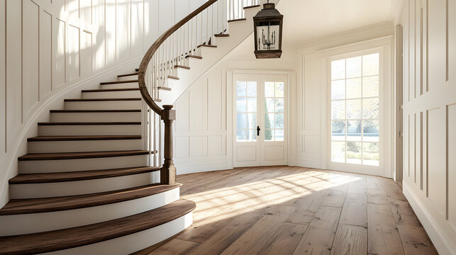 Modern house interior with wooden staircase and empty corridor