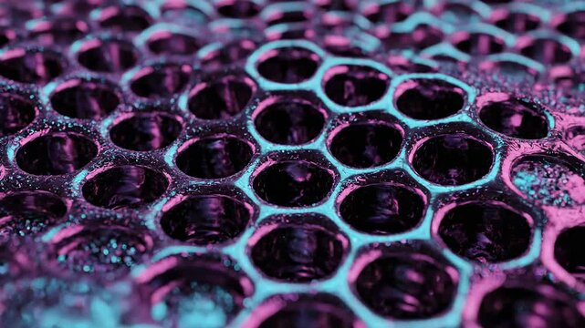 Futuristic Abstract Texture featuring neon pink and cyan honeycomb pattern with metallic reflections for gaming backgrounds and technology presentations.