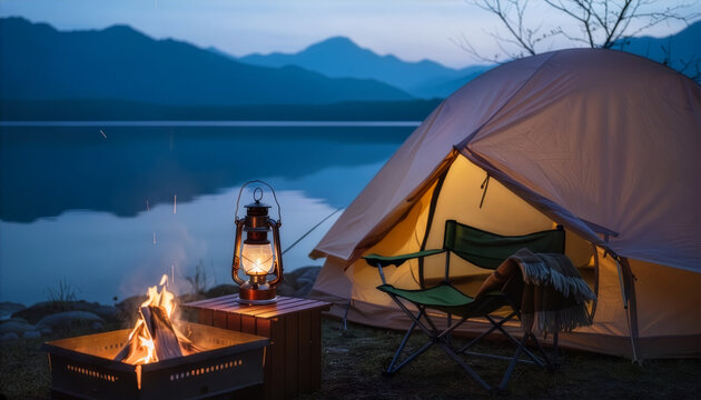 静かな湖畔の夜、テントの明かりと焚き火、テーブルの上のランタン