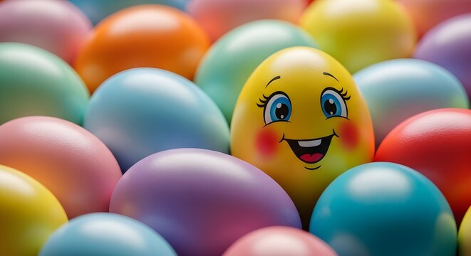 Easter eggs celebration smiling yellow egg surrounded by colorful easter eggs