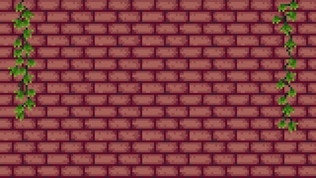 ドット絵のレンガの壁に垂れる蔦の背景素材,茶色