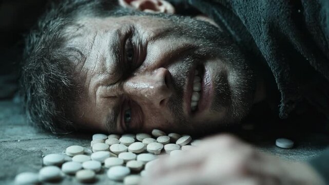 Hopeless and depressed man attempting suicide by taking a lethal overdose of pills, losing consciousness