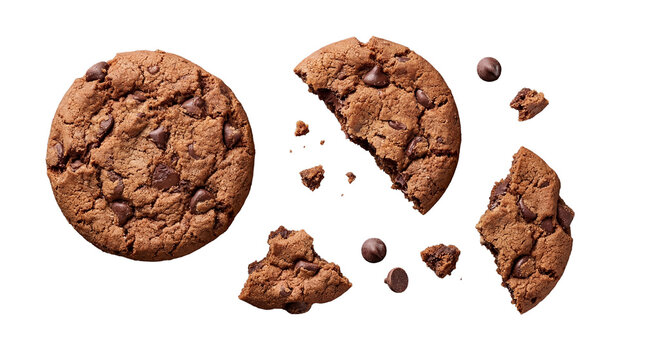 Assortment of whole and broken chocolate chip cookies with scattered crumbs.