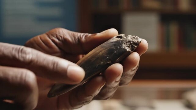 Holding shark tooth, closeup on hand holding ancient Carcharocles tooth on blurred background. Holding shark tooth reveals history and paleontology. Holding shark tooth,