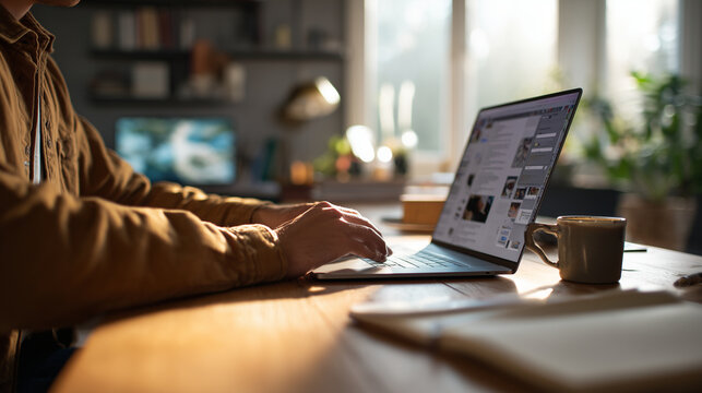 Young male content creator working at modern desk using laptop with AI content generation interface on screen, photorealistic, realistic UI layout without logos, natural human anat
