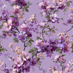 Soft lilac floral pattern with delicate purple and pink blossoms and green leaves on pastel background, creating vintage feminine aesthetic full of gentle beauty and charm