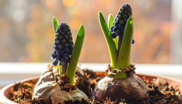 A close-up of two hyacinth bulbs sprouting in a pot