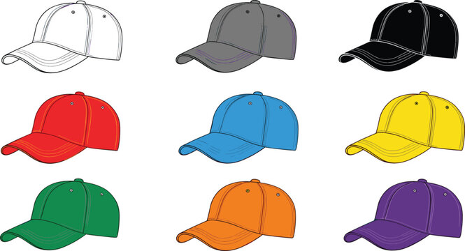 Baseball cap collection vector illustration, colorful hat set with different styles and colors, casual headwear design templates isolated on background