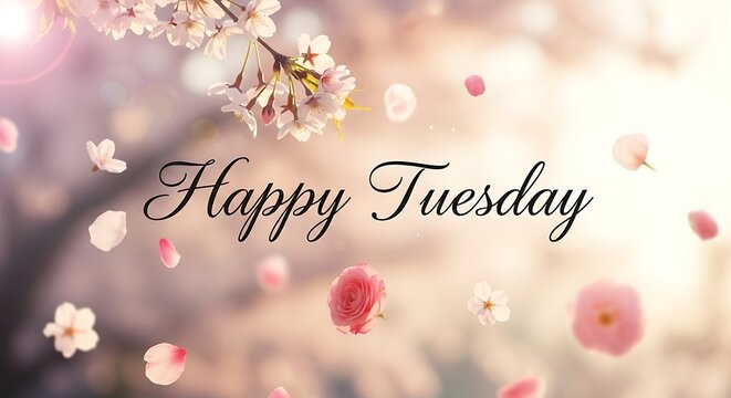 Happy Tuesday greeting with cherry blossoms and petals