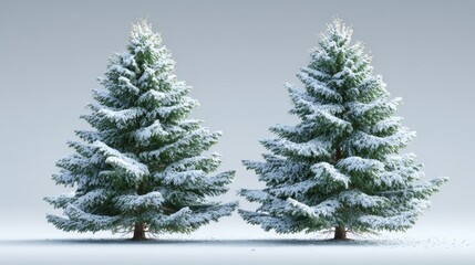 Obraz premium Two beautifully frosted evergreen trees standing side by side creating a serene winter landscape perfect for holiday decorations and seasonal themes. Generative AI