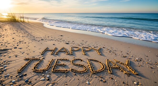 Happy Tuesday message written in sand on a serene beach at sunrise