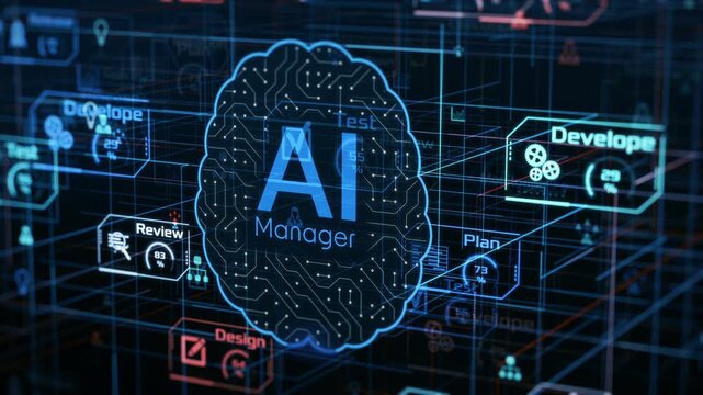AI assistant for Agile project management, AI automation workflow, project life cycle, conceptual animation (3d render)