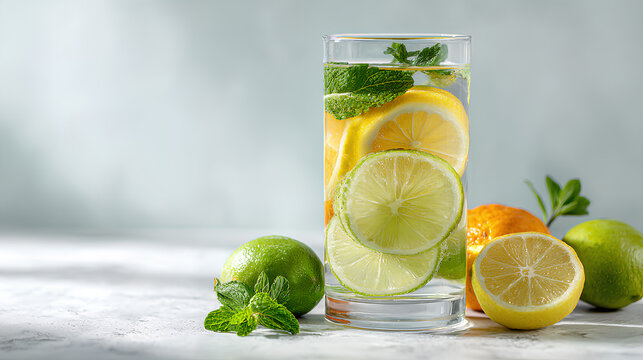 Detox water with lemon lime orange and mint in clear glass on white background minimal clean composition with fresh citrus fruits hydration concept