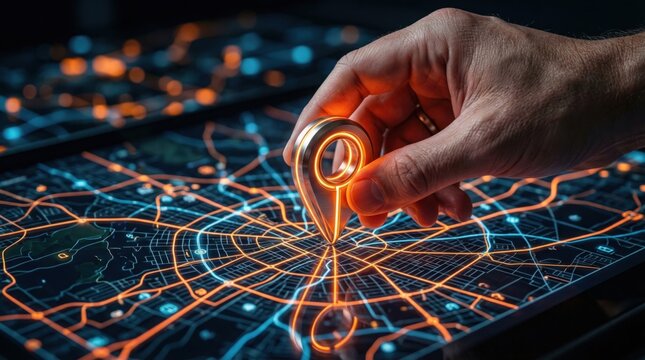 A human hand carefully places a glowing metallic location pin onto a digital navigation map displaying glowing abstract city routes with futuristic data visualization elements