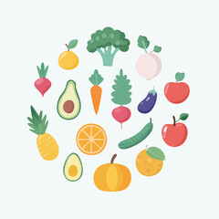 Obraz premium Fresh fruits and vegetables arranged in a colorful circular pattern on a white background
