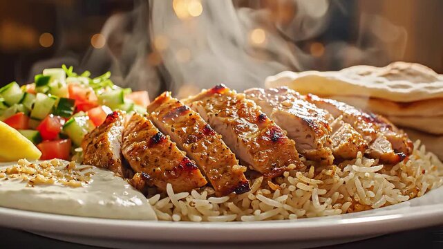 Fresh chicken shawarma rice platter with steam and salad on a plate