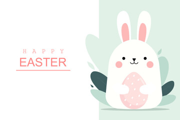 Obraz premium Cute white cartoon Easter bunny holding a pink decorated egg, surrounded by green leaves