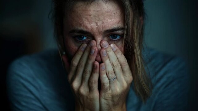 Dramatic close-up of a distraught woman covering her face with her hands, expressing deep sadness