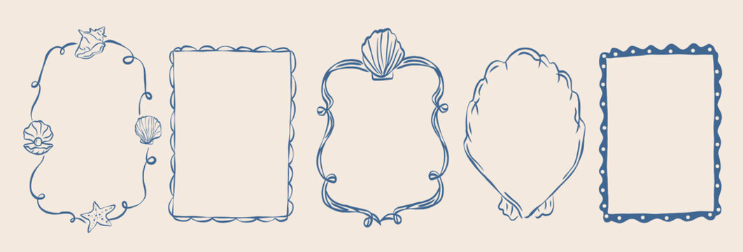 Hand drawn blue coastal frames and borders set