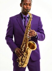 Naklejka premium Elegant Jazz Saxophonist in Purple Suit and Instrument