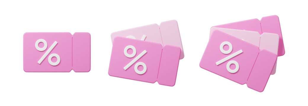 3D Pink Discount Coupon Ticket Set with Percent Symbol Variations Isolated on Transparent Background
