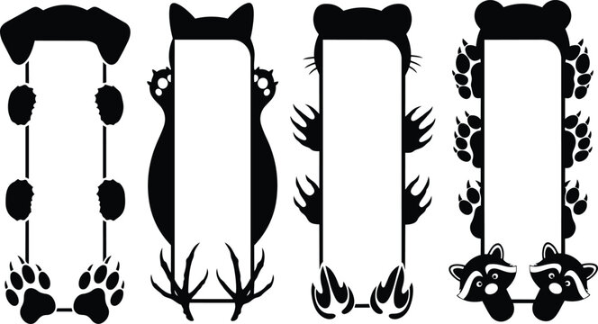 Vertical decorative banners featuring animal silhouettes and paw prints for pet store marketing and nursery room decor