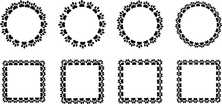 Set of round and square frames featuring elegant paw print borders for pet photography displays and creative projects