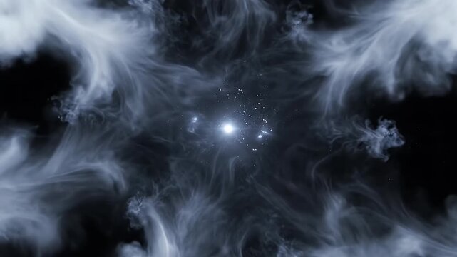 Abstract White Smoke Explosion on Black Background with Central Light Source.