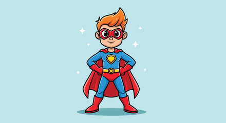 Fototapeta premium Cute Cartoon Superhero Boy Standing Confidently.