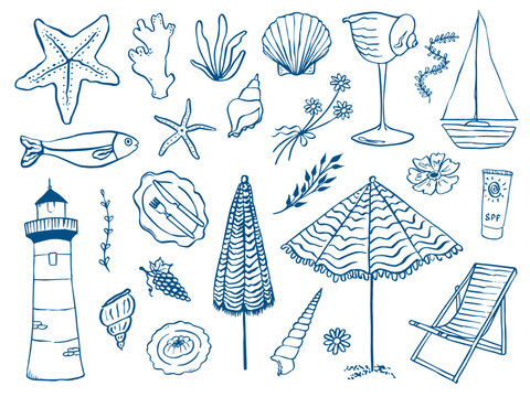 Vector whimsical collection of Mediterranean sea vacation illustration. Ink hand drawn set