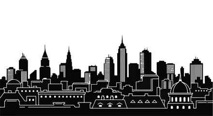 Fototapeta premium Monochromatic silhouette of a modern cityscape with diverse architectural styles under a bright sky.