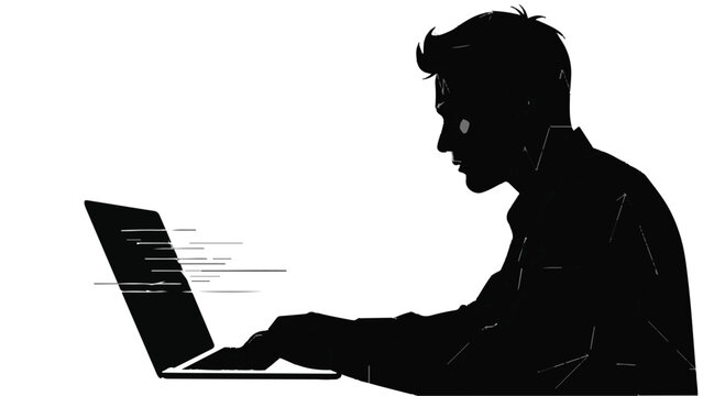 Silhouette of a focused person typing on a laptop with code on screen