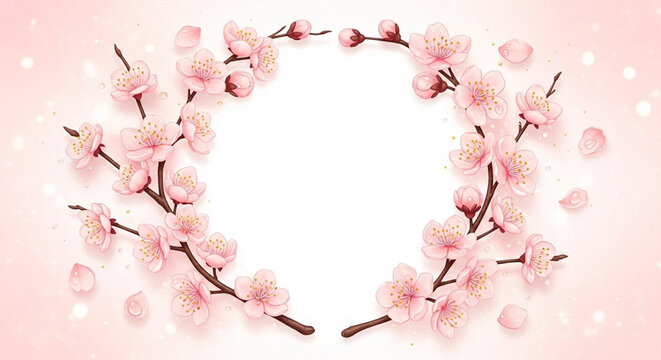 Elegant pink cherry blossom floral frame with delicate petals and branches on a soft gradient background, perfect for spring designs and invitations.