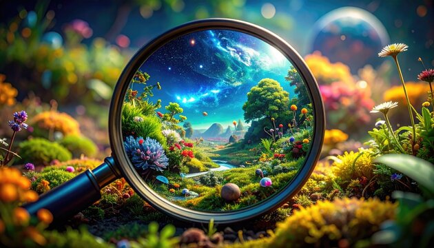 Vibrant Fantasy Landscape Viewed Through Magnifying Glass