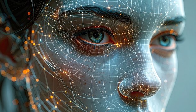 Woman's Face with Digital Network Overlay
