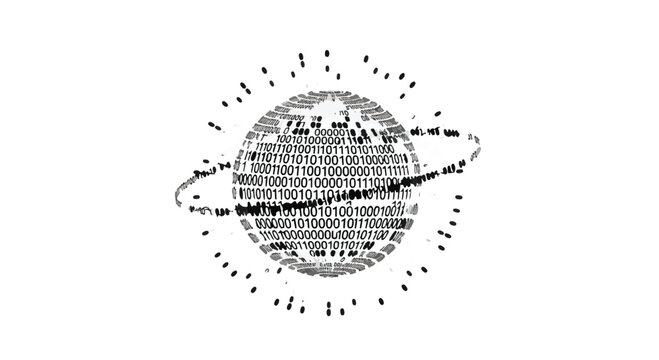 Digital globe with binary code orbit represents global connectivity and technology.