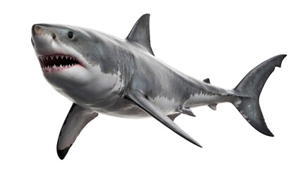 Fototapeta premium Formidable great white shark with powerful jaws open wide, revealing sharp teeth, isolated on transparent background.