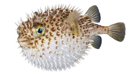 Realistic photograph of a spiky porcupine pufferfish, isolated on a transparent background for versatile use. © Steven