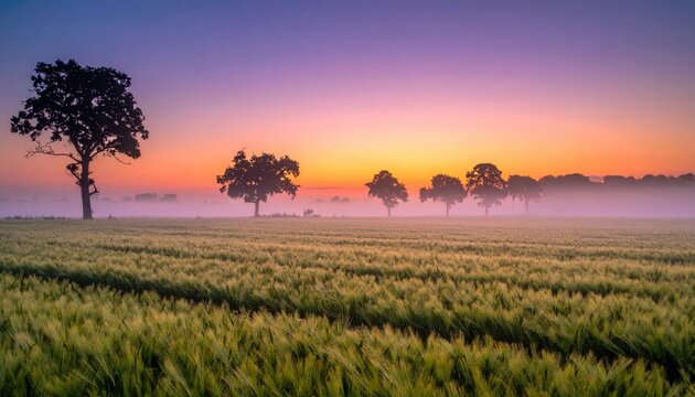Sunrise Over Misty Wheat Field with Silhouetted Trees