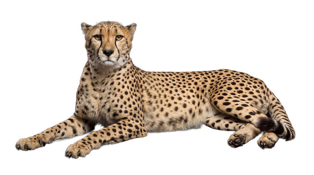 A striking photograph of a majestic cheetah lying down calmly, looking directly at the viewer with focus and intensity.
