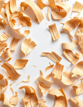 Scattered wood shavings arranged in flat lay on white background, natural woodworking concept, organic texture, top view
