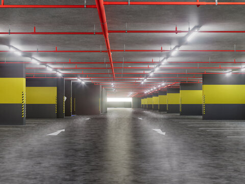 Modern underground parking garage interior with red fire sprinkler system and yellow safety stripes, 3D rendering.