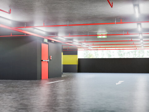 Industrial underground parking with red fire exit door and emergency sprinkler system, 3D rendering.