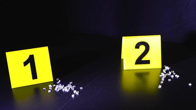 Yellow forensic evidence markers numbering pieces of proof like scattered diamonds on a dark surface, symbolizing a jewel heist, robbery, or high value theft investigation at a crime scene