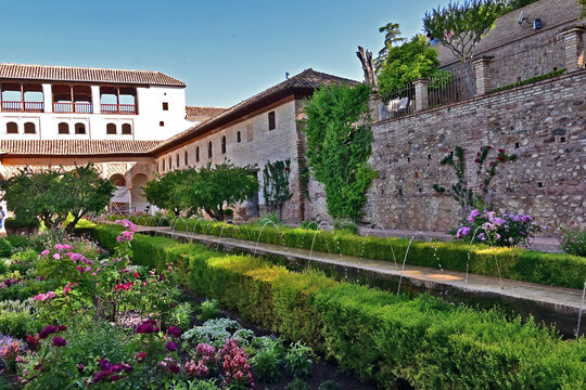 Granada, giardini, roseti e fiori del complesso del Generalife dell'Alhambra, Andalusia, Spagna