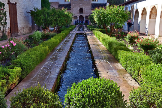 Granada, giardini, roseti e fiori del complesso del Generalife dell'Alhambra, Andalusia, Spagna